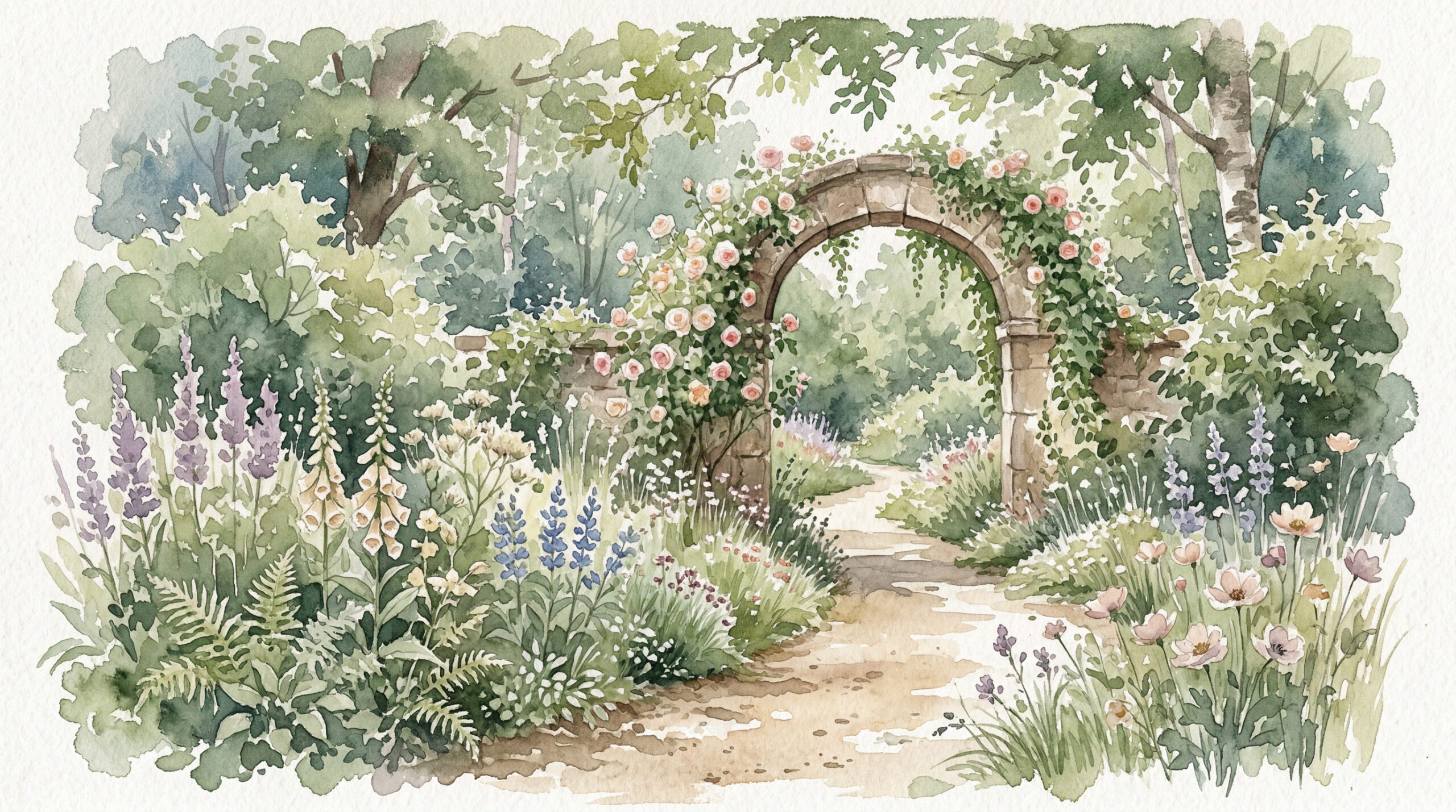 A watercolour garden path through a flower-covered stone archway