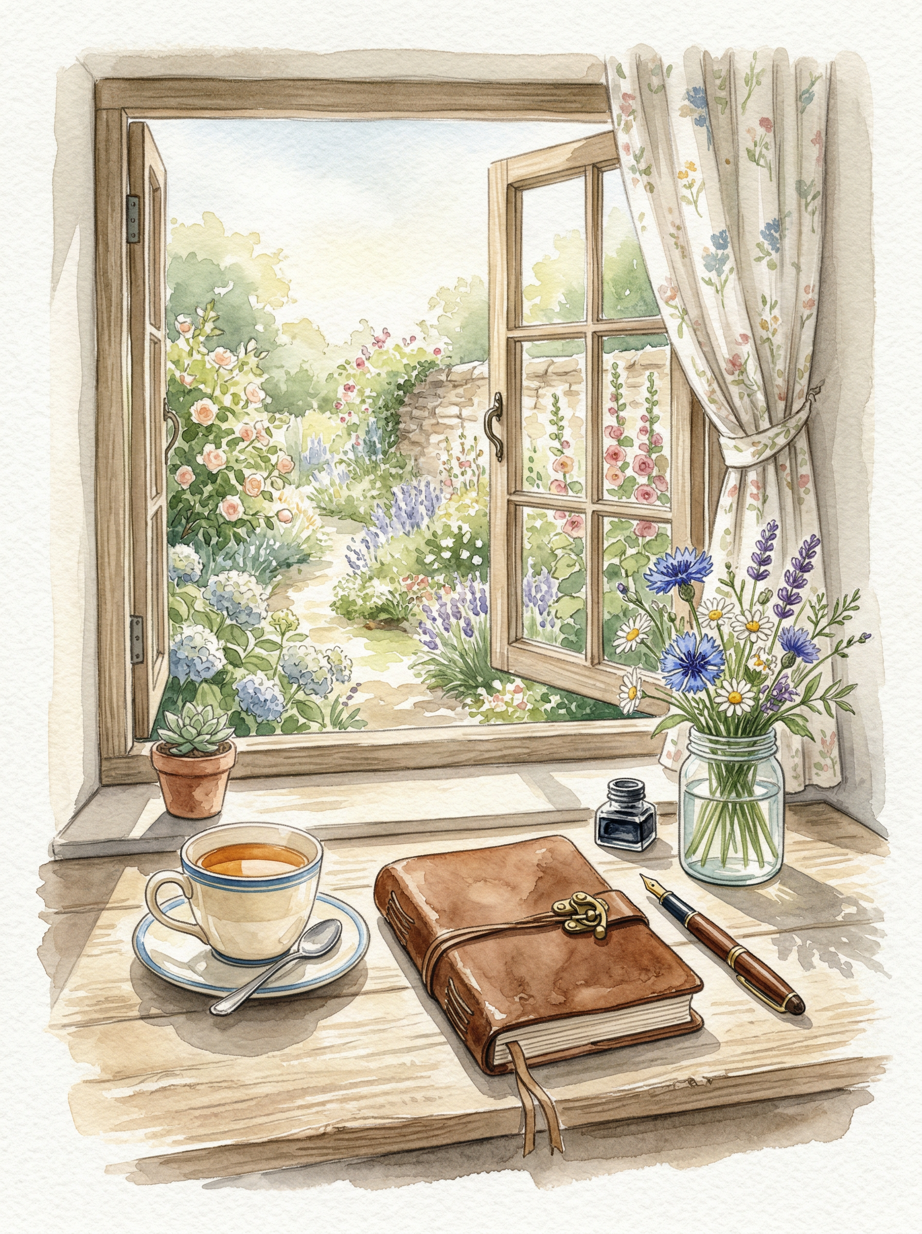 A watercolour writing desk with tea, a journal, and wildflowers by an open window