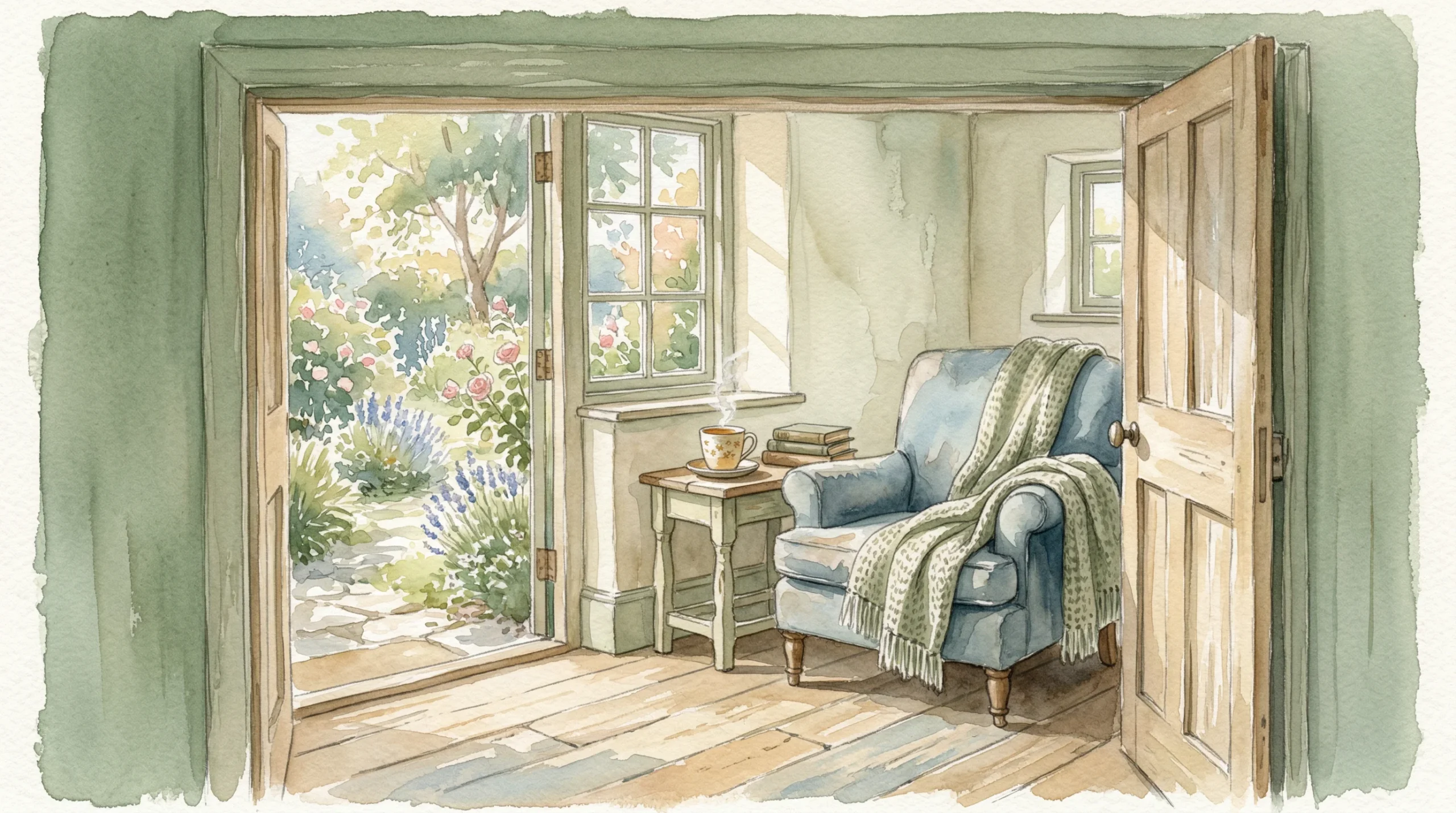 A cosy armchair by open doors looking out to a garden, with a steaming cup of tea and books